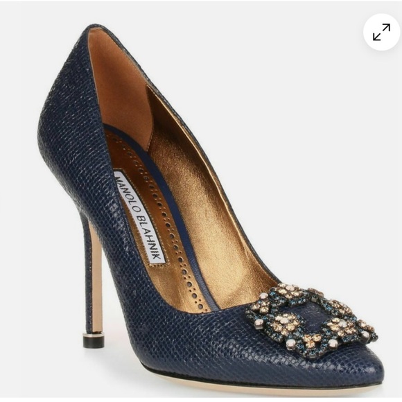 Manolo Blahnik Hangisi blue printed Swede pumps jeweled size 40